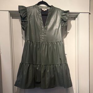 Green Faux Leather Ruffle Sleeve Dress